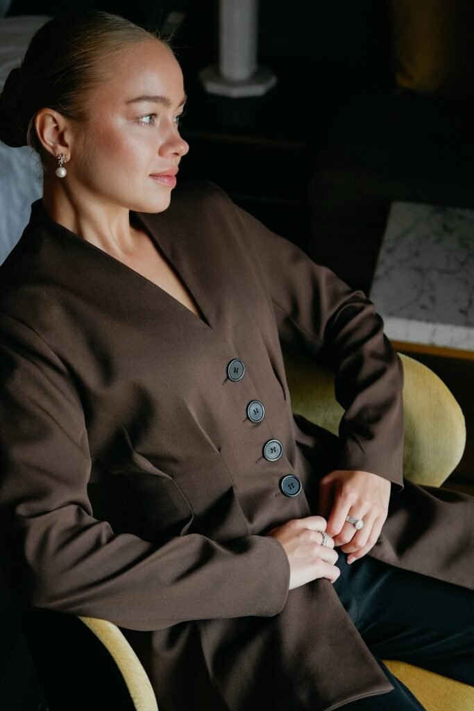 Brown V-Neck Blazer/Jacket + Black Trousers + Pearl Earrings