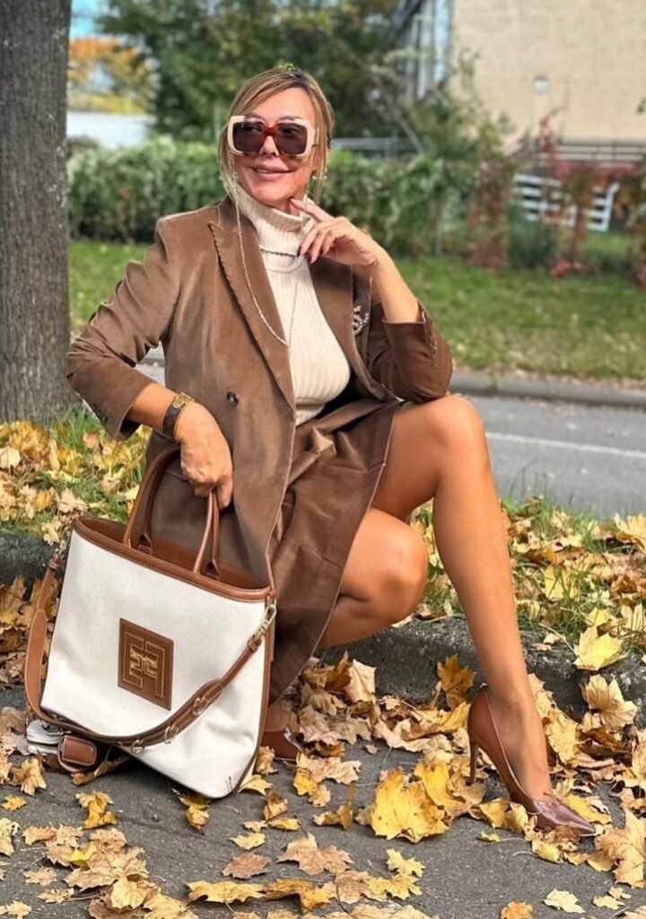Brown Velvet Blazer + Beige Ribbed Turtleneck + Brown Velvet Mini Skirt + Brown Heels + Canvas and Leather Tote Bag