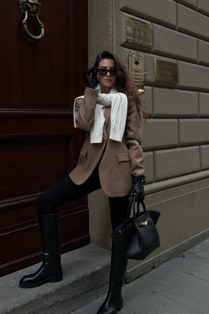 Brown Wool Blazer + White Cable Knit Scarf + Black Leggings + Black Knee-High Boots