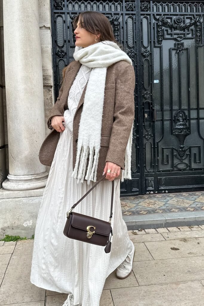 Brown Wool Blazer + White Cable Knit Sweater + White Maxi Skirt + Cream Scarf + Brown Shoulder Bag + White Sneakers