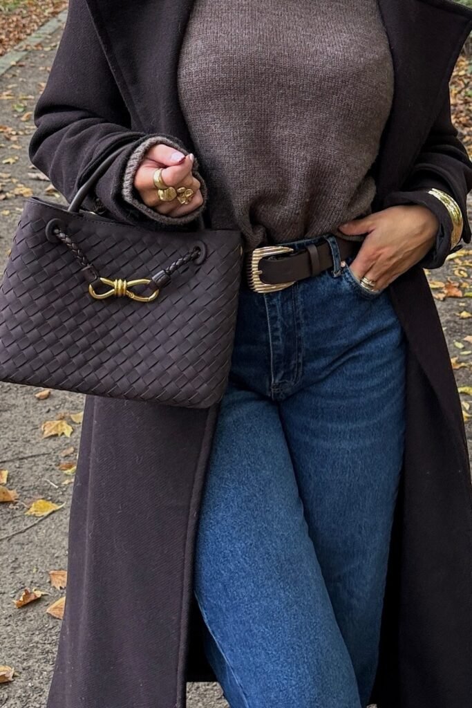 Brown Wool Coat + Brown Knit Sweater + Skinny Jeans + Dark Brown Belt