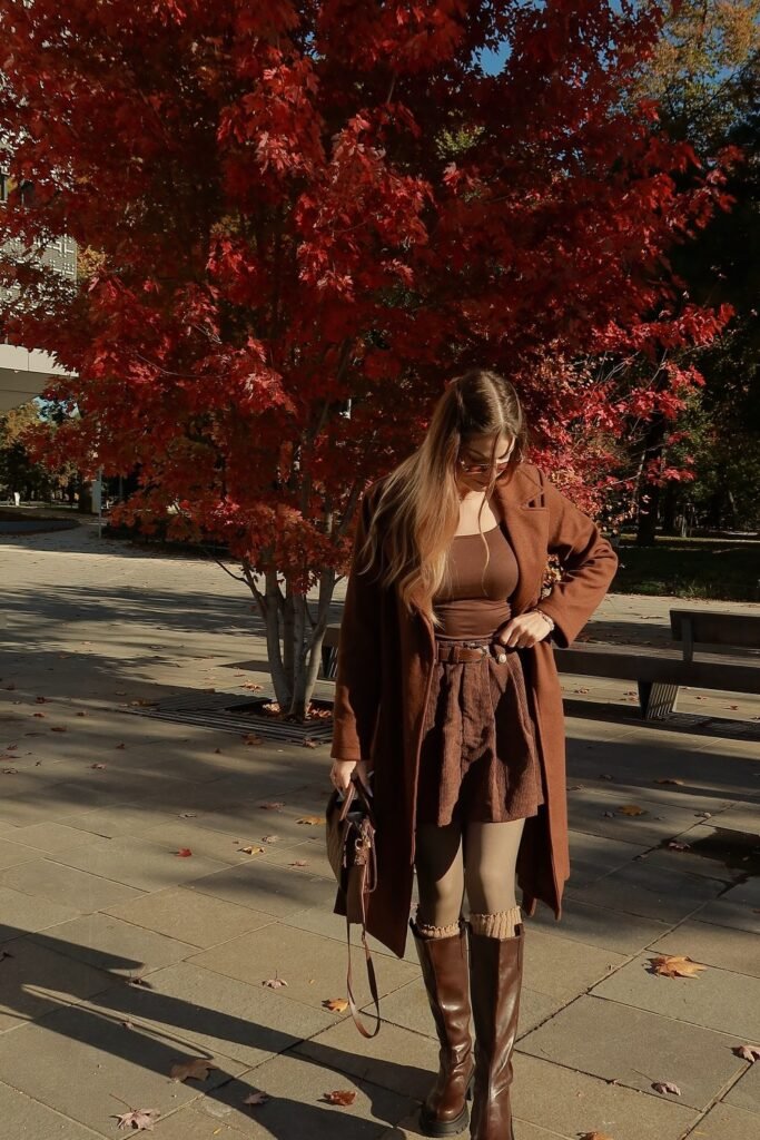 Brown Wool Coat + Brown Knit Top + Brown Corduroy Mini Skirt + Knee-High Boots