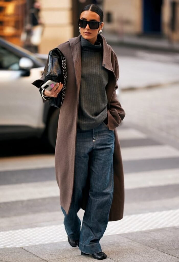 Brown Wool Coat + Grey Pinstripe Turtleneck Sweater + Dark Wash Wide Leg Jeans + Black Ankle Boots + Black Chain Strap Bag
