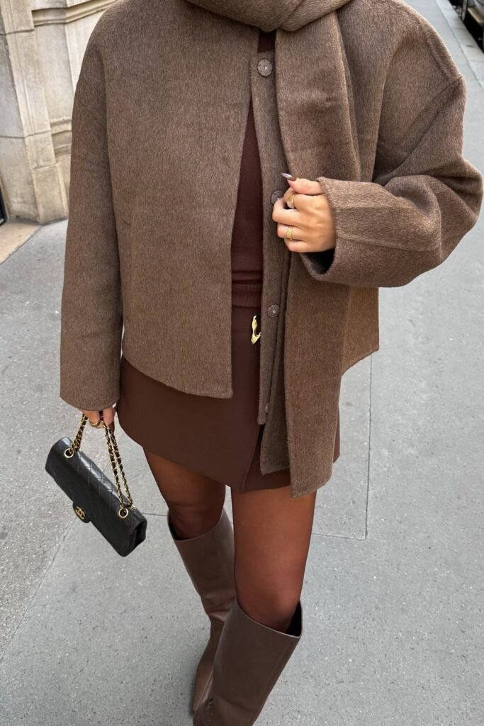 Brown Wool Cropped Jacket + Brown Top + Brown Mini Skort + Brown Tights + Brown Knee-High Boots
