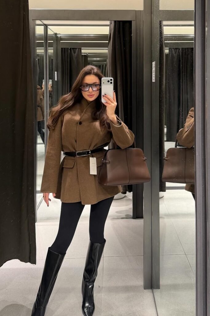 Brown Wool Jacket (Belted) + Black Leggings + Black Knee-High Boots