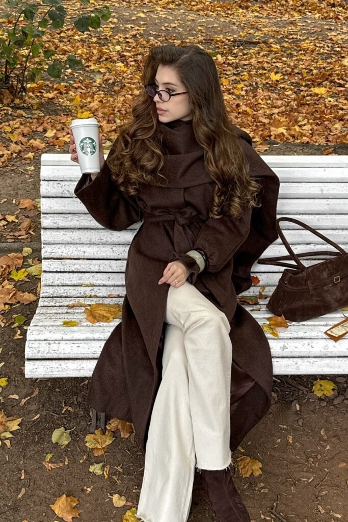 Brown Wool Wrap Coat + Cream Wide-Leg Trousers + Dark Brown Suede Handbag