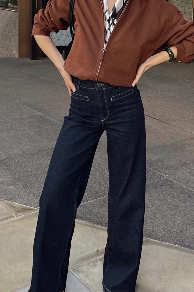 Brown Zip-Up Sweatshirt + Dark Wash Wide-Leg Jeans + Scarf Detail