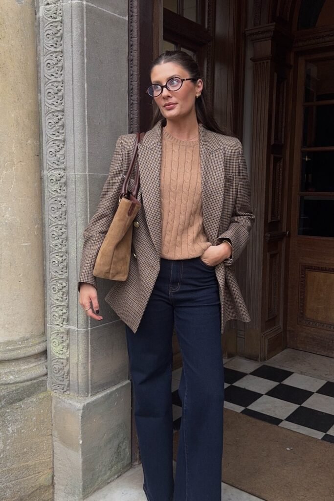 Brown and Black Plaid Blazer + Tan Cable Knit Sweater + Dark Wash Wide-Leg Jeans + Suede Tote Bag