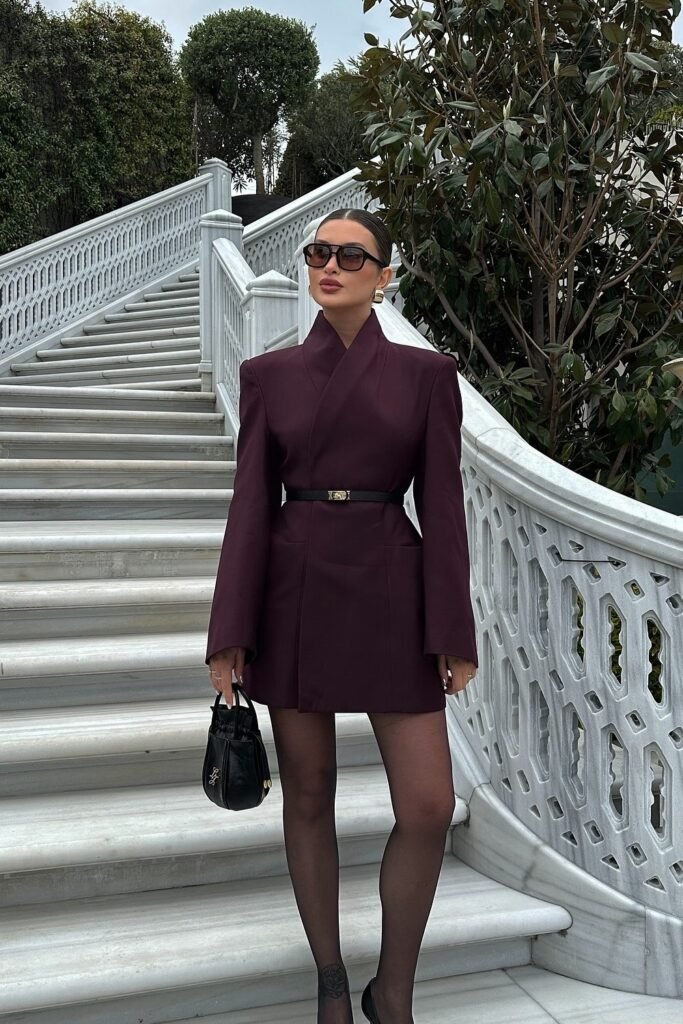 Burgundy Blazer Dress + Black Sheer Tights + Black Heels + Black Mini Bag + Sunglasses