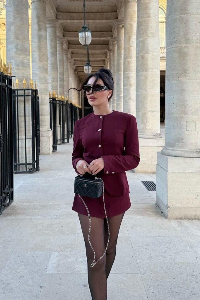 Burgundy Blazer Dress + Sheer Black Tights + Black Mini Chanel Bag + Oversized Sunglasses