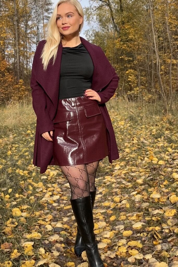 Burgundy Drape Coat + Black Top + Patent Burgundy Mini Skirt + Gucci Tights + Black Knee-High Boots