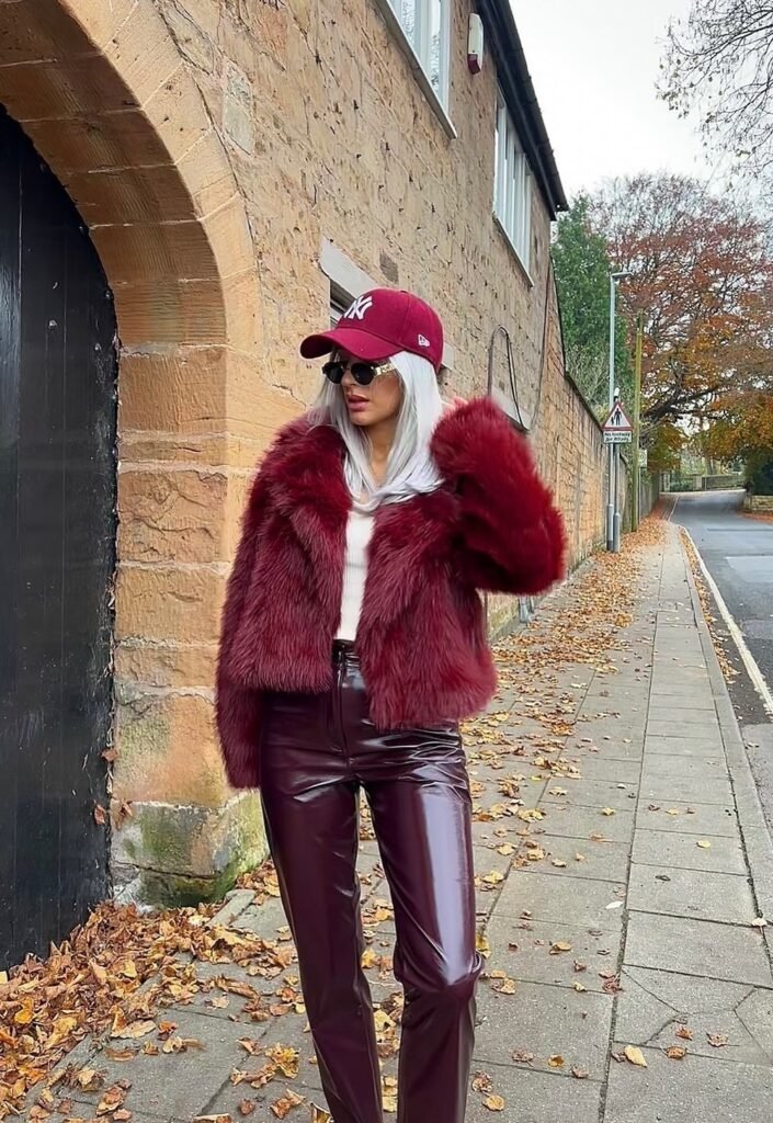 Burgundy Faux Fur Jacket + White Crop Top + Burgundy Patent Leather Trousers + Burgundy Baseball Cap