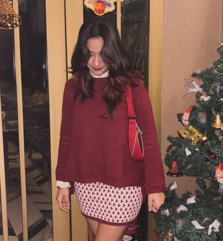 Burgundy Knit Sweater + Red and White Geometric Mini Skirt + Red Crossbody Bag