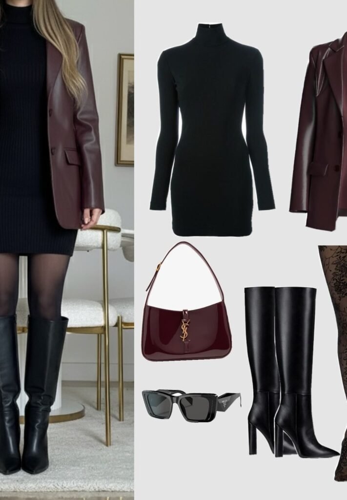Burgundy Leather Blazer + Black Knit Mini Dress + Black Sheer Tights + Black Knee Boots + Burgundy YSL Bag + Black Sunglasses