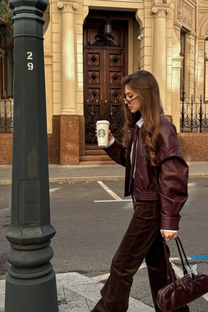 Burgundy Leather Bomber Jacket + White Collared Shirt + Brown Corduroy Flared Trousers + Burgundy Barrel Bag