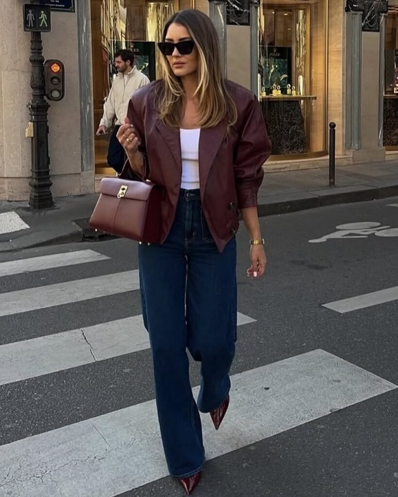 Burgundy Leather Jacket + White Tank Top + Dark Wash Wide Leg Jeans + Burgundy Patent Leather Heels + Brown Top Handle Bag