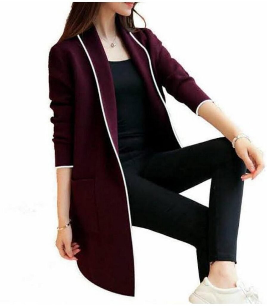 Burgundy Longline Blazer with White Piping + Black Top + Black Skinny Pants + White Sneakers
