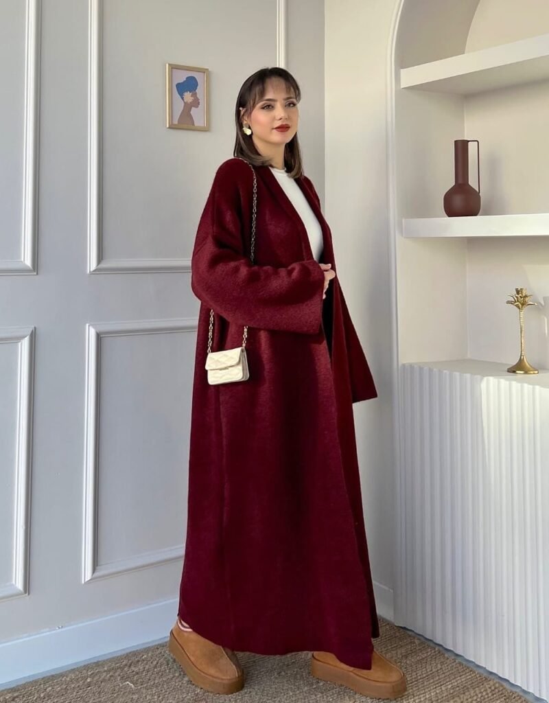 Burgundy Maxi-Length Cardigan + White Top + Brown Platform Boots