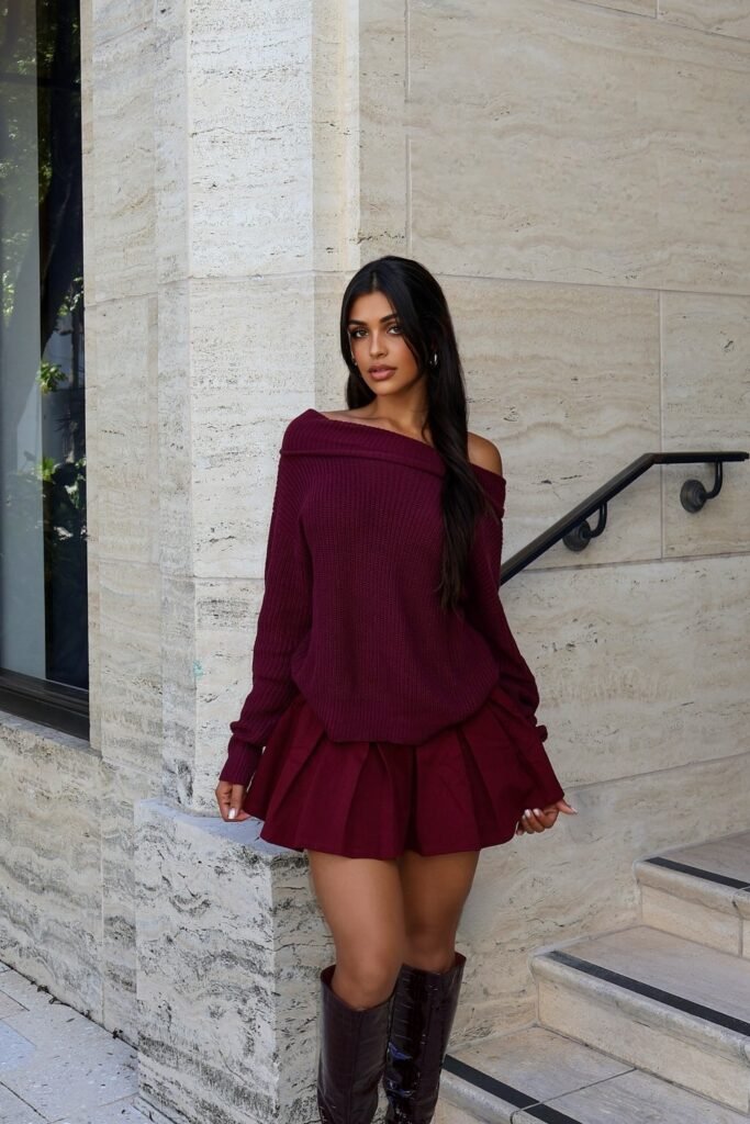 Burgundy Off-the-Shoulder Knit Sweater + Matching Burgundy Pleated Mini Skirt + Burgundy Knee-High Boots
