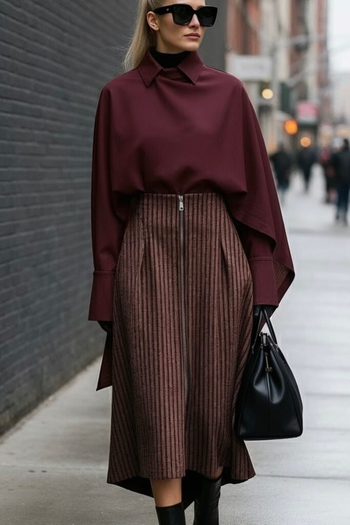 Burgundy Oversized Shirt + Brown Pleated Skirt + Black Boots + Black Structured Handbag