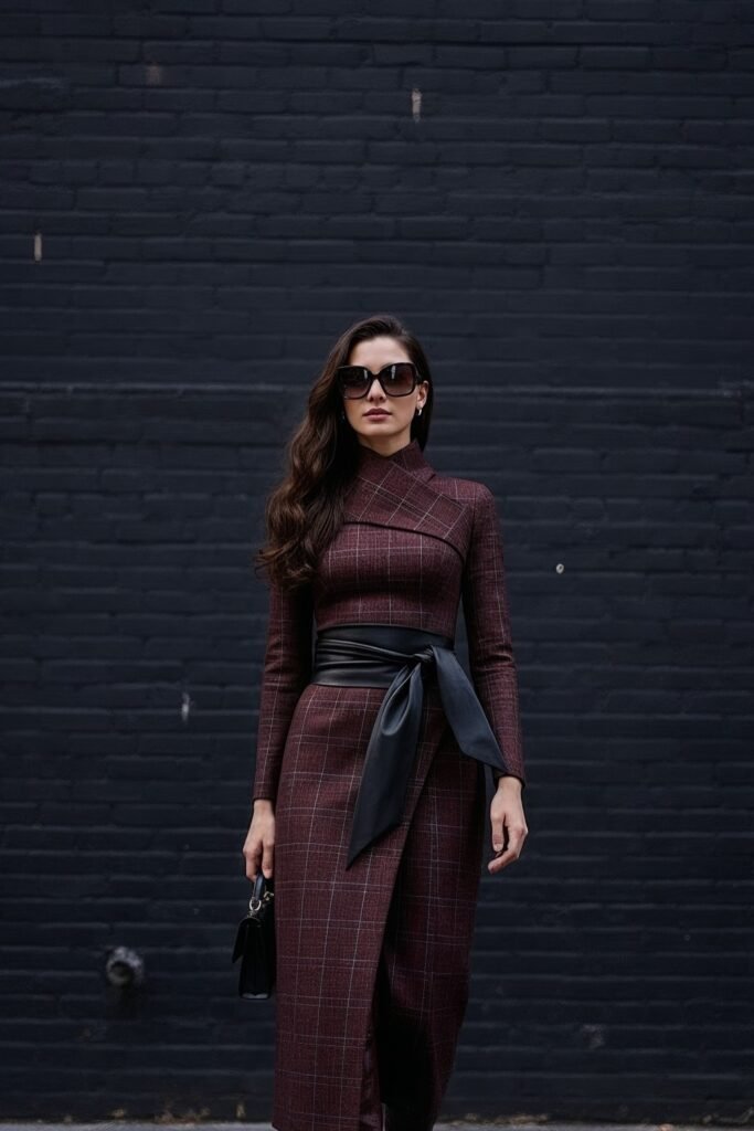 Burgundy Plaid Dress + Black Obi Belt + Black Mini Bag + Oversized Sunglasses