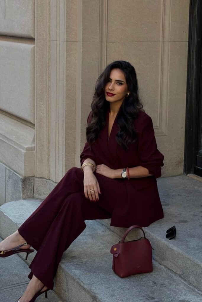 Burgundy Power Suit + Burgundy Kitten Heels + Matching Mini Handbag