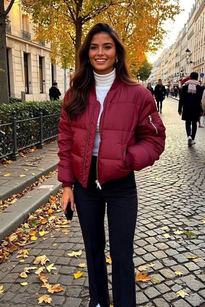 Burgundy Puffer Jacket + White Turtleneck + Black Trousers + White Sneakers