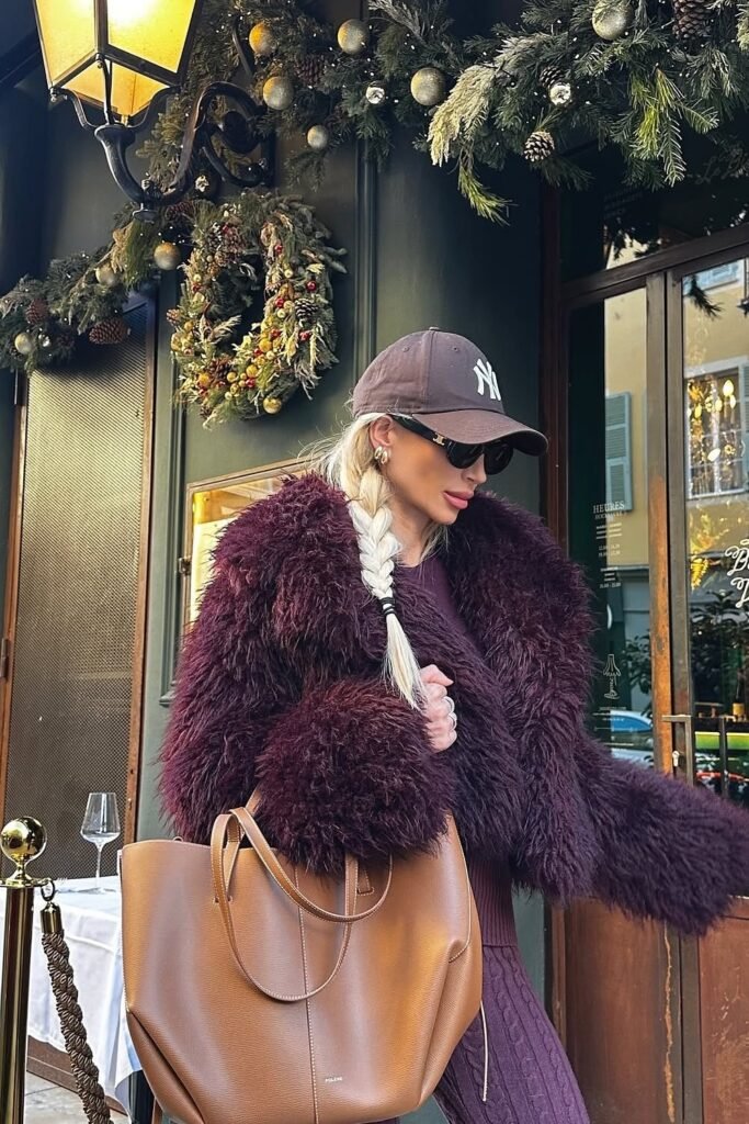 Burgundy Shaggy Faux Fur Coat + Burgundy Ribbed Knit Set + Brown Leather Tote Bag