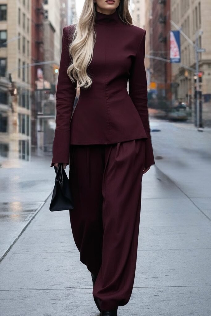 Burgundy Structured Top + Burgundy Wide-Leg Trousers + Black Boots + Black Clutch Bag
