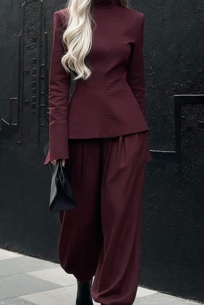 Burgundy Structured Top + Burgundy Wide-Leg Trousers + Black Pointed Boots + Black Clutch Bag