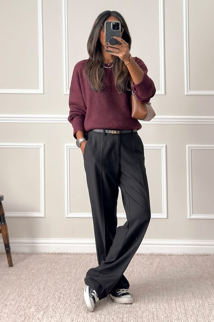 Burgundy Sweater + Black Trousers + Brown Shoulder Bag + Black Sneakers