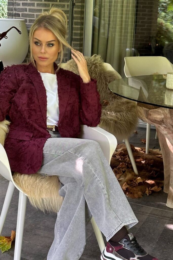Burgundy Textured Blazer + White T-Shirt + Grey Wide-Leg Jeans + Burgundy Sneakers