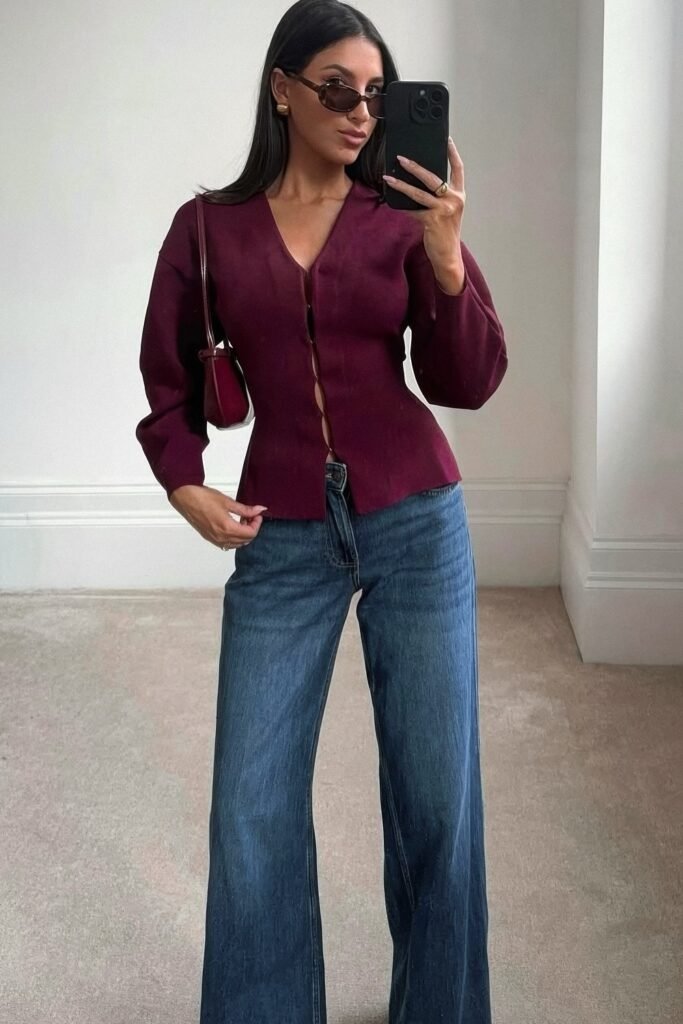 Burgundy V-Neck Knit Cardigan/Top + Blue Wide-Leg Jeans + Small Burgundy Shoulder Bag