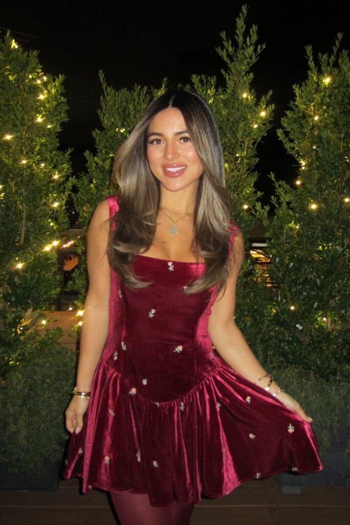 Burgundy Velvet Mini Dress + Gold Jewelry