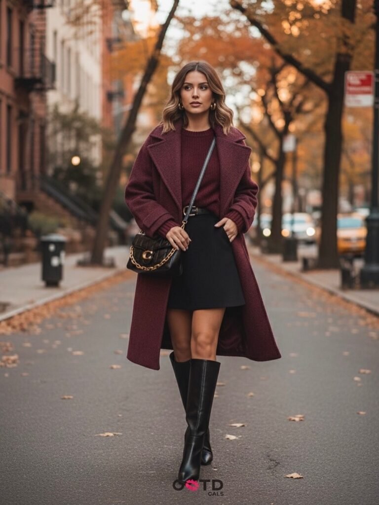 Burgundy Wool Coat + Burgundy Sweater + Black Mini Skirt + Black Knee-High Boots