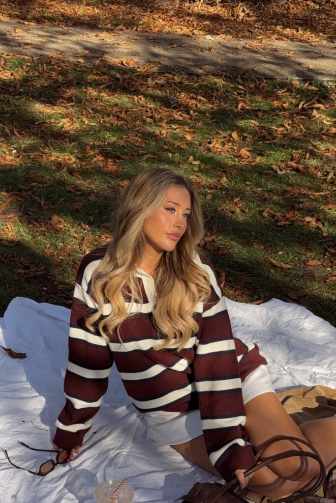 Burgundy and Cream Striped Rugby Sweater + White Shorts/Skirt + Brown Shoulder Bag