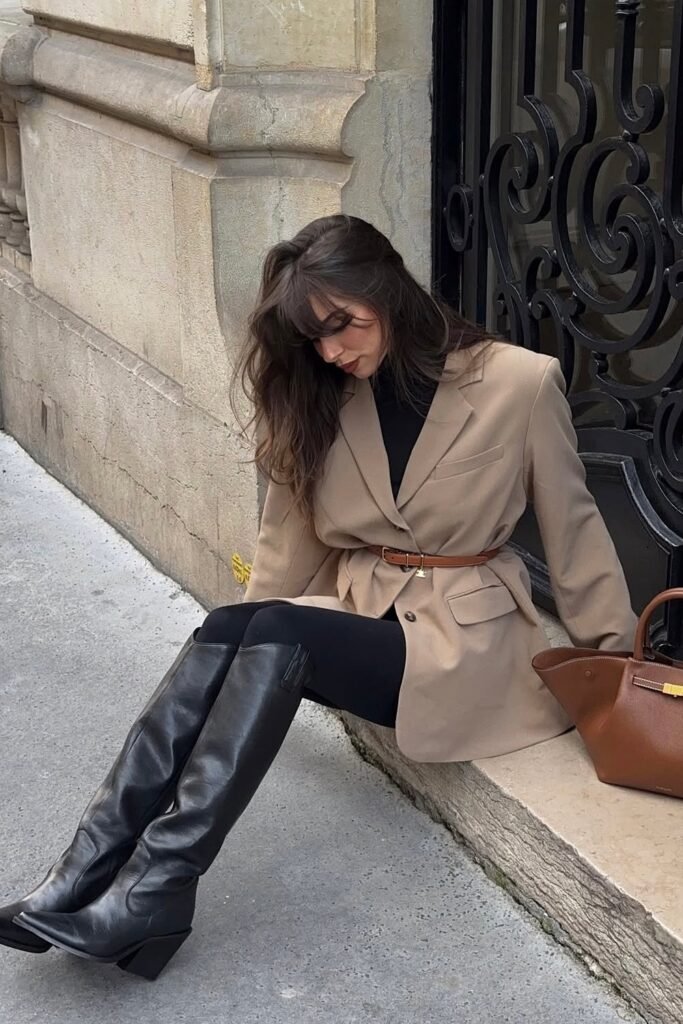 Camel Belted Blazer + Black Turtleneck + Black Leggings + Black Knee-High Western Boots