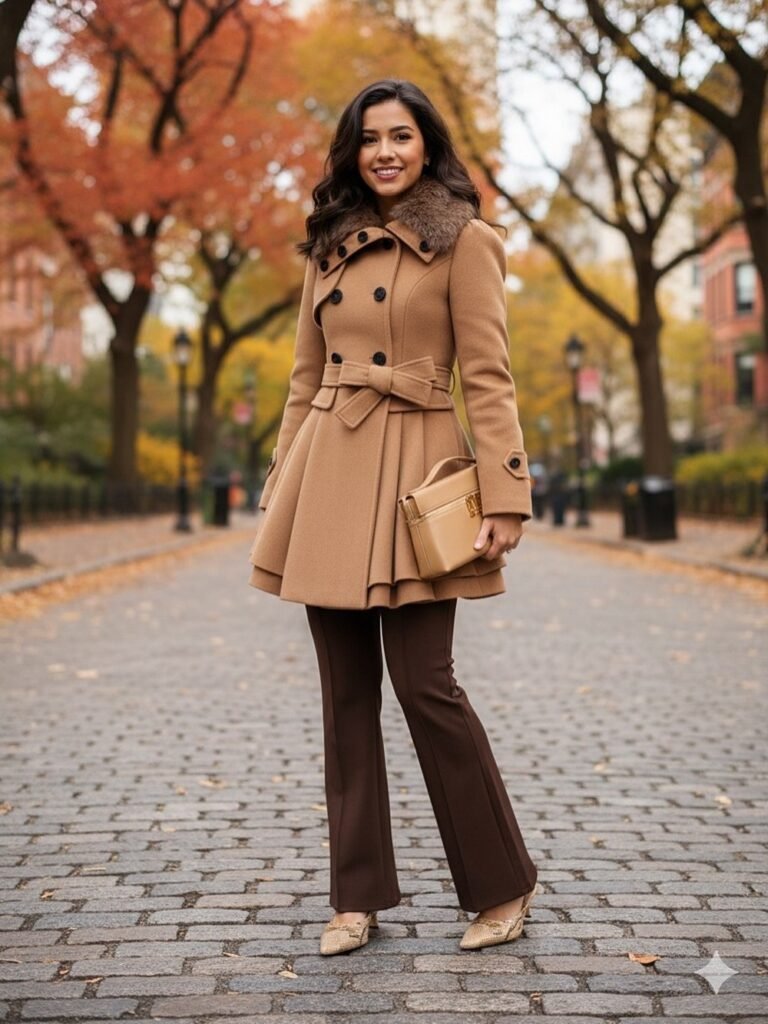 Camel Belted Coat with Fur Collar + Brown Flared Trousers + Beige Heeled Shoes + Beige Handbag