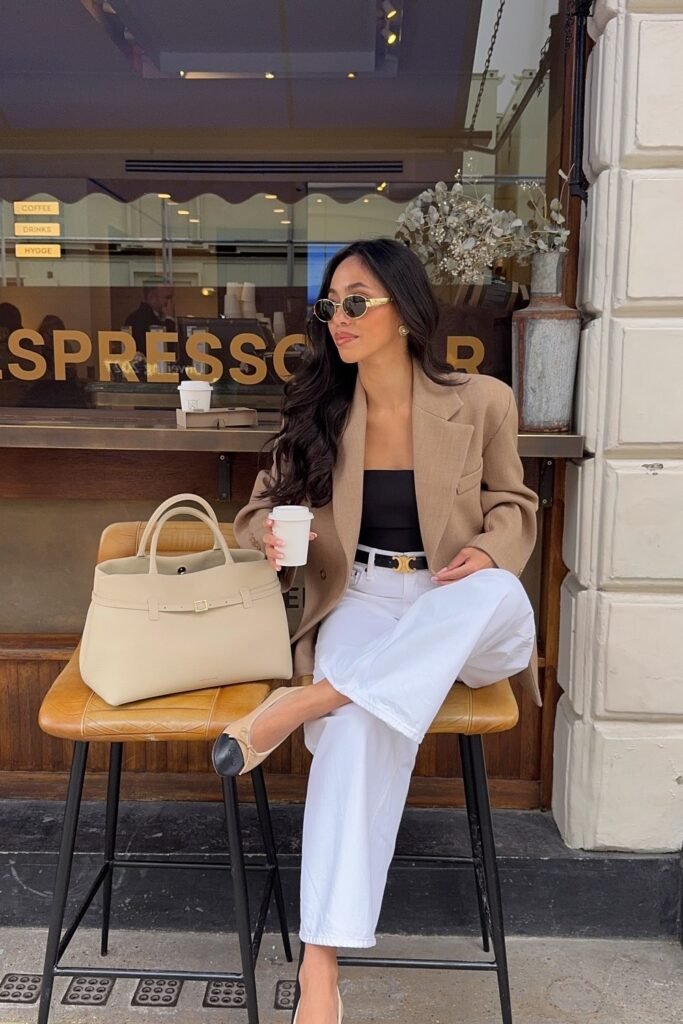 Camel Blazer + Black Tube Top + White Wide-Leg Cropped Jeans + Two-Tone Cap-Toe Flats