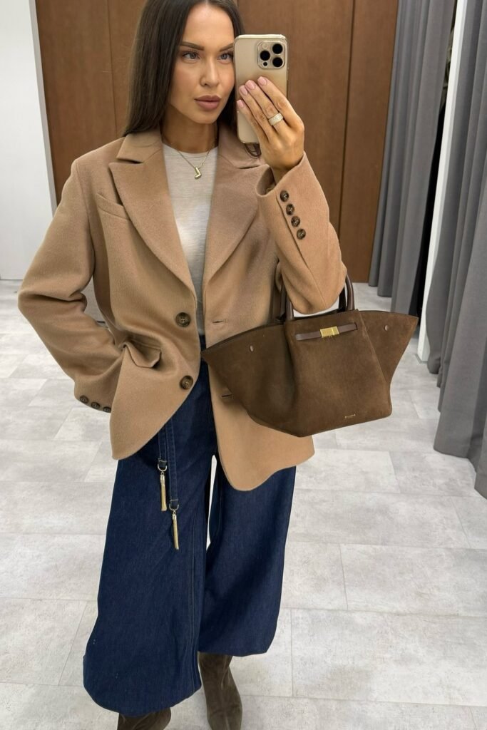 Camel Blazer + Grey T-shirt + Dark Wash Wide-Leg Denim Jeans + Brown Suede Boots + Brown Suede Handbag
