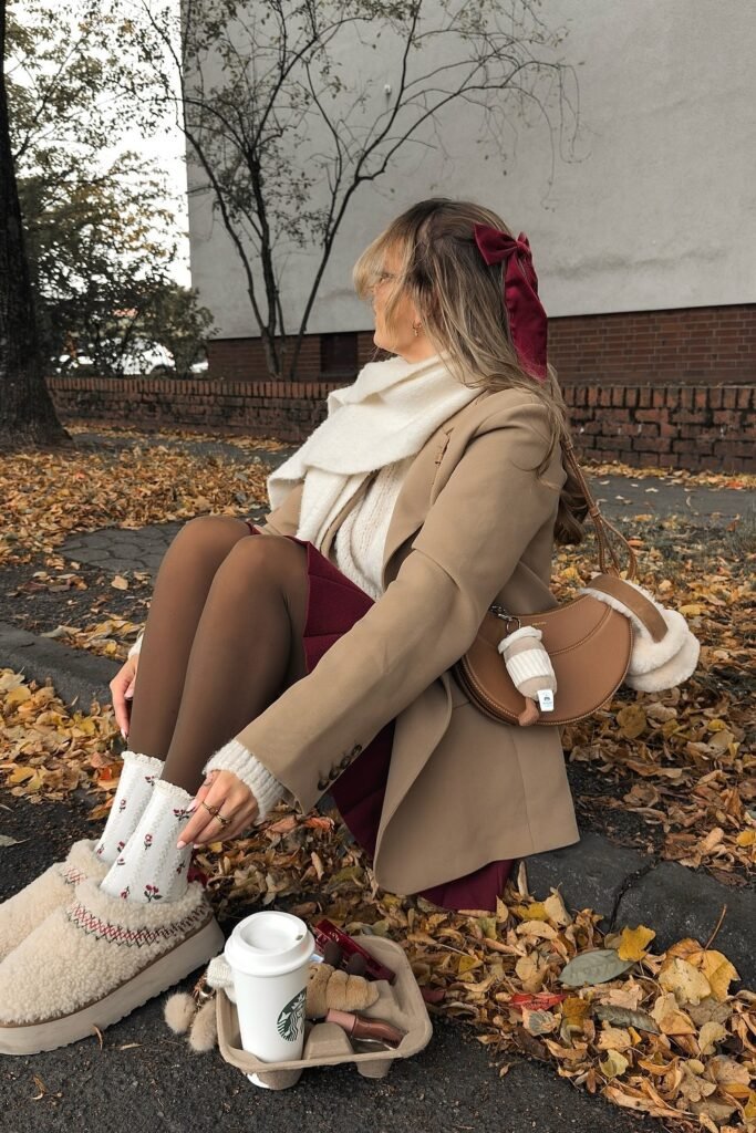 Camel Blazer + Red Mini Skirt + White Scarf + Beige Platform Slippers