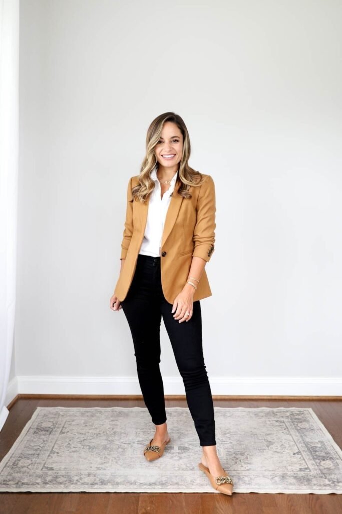 Camel Blazer + White Button-Up Shirt + Black Skinny Jeans + Tan Pointed Toe Flats
