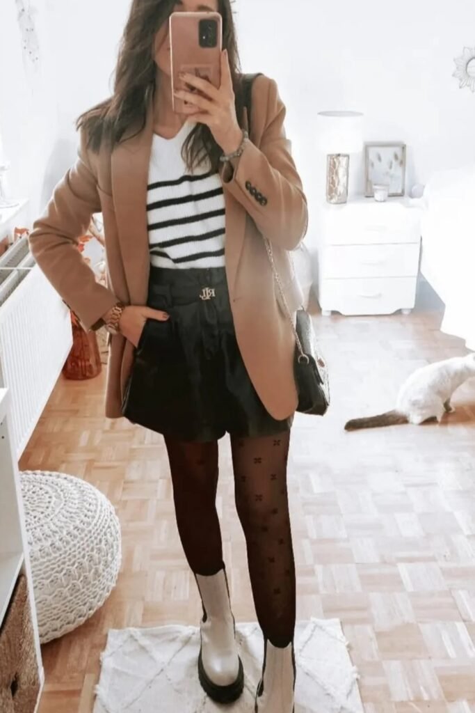 Camel Blazer + White and Black Striped Top + Black Faux Leather Shorts + Patterned Black Tights + Cream/White Lug Sole Ankle Boots