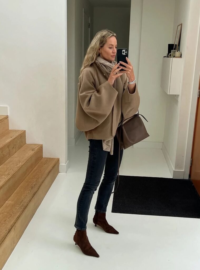 Camel Boxy Jacket + Light Scarf + Charcoal Skinny Jeans + Brown Suede Kitten Heel Boots