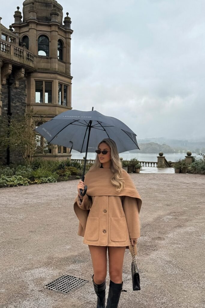 Camel Cape Coat + Black Mini Dress/Skirt + Black Knee-High Boots