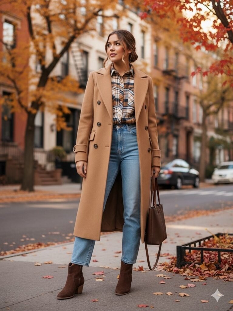 Camel Double-Breasted Coat + Brown Plaid Shirt + Light Blue Jeans + Brown Ankle Boots + Brown Tote Bag