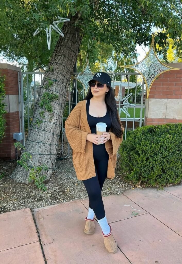 Camel Knit Cardigan + Black Tank Top + Black Leggings + Tan Slippers + Black Cap + Sunglasses