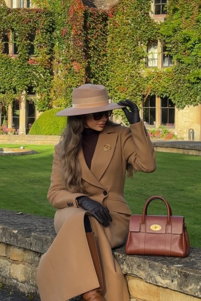 Camel Long Coat + Brown Turtleneck + Tan Wide-Brim Hat + Brown Leather Handbag