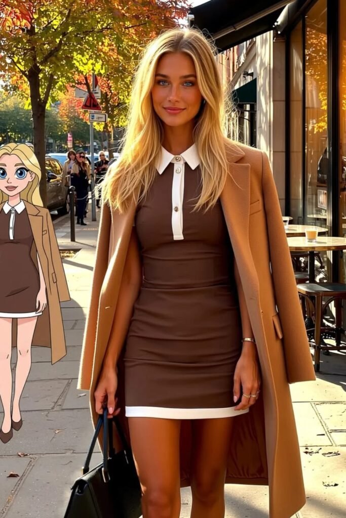 Camel Long Coat + Brown and White Collar Mini Dress + Black Handbag