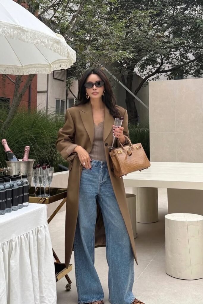 Camel Long Coat + Taupe Ribbed Top + Blue Wide-Leg Jeans + Brown Textured Handbag + Leopard Heels